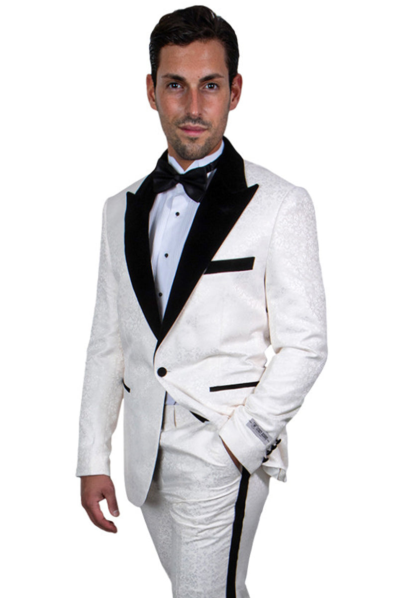 "Stacy Adams Men's Paisley Tuxedo - Ivory & Black for Prom 2025 & Wedding" - 34 Regular