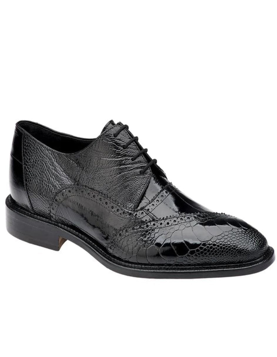 Men's Belvedere Nino Slanted Wingtip Ostrich Leg and EEL Black Dress Shoe - US 9.0 Standard/D/ Medium / Eu:42