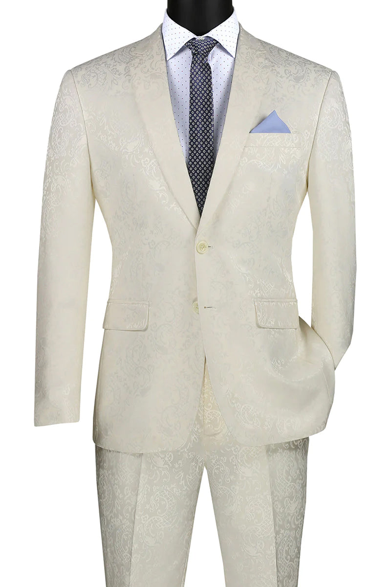 Ivory Men's Slim Fit Paisley Wedding & Prom 2025 Suit - Shiny Finish - 36 Short