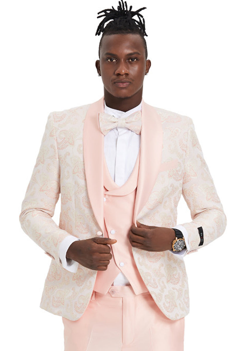 "Men's Pink Paisley Prom 2025 Tuxedo - One Button Vested Shawl Lapel" - 34 Short