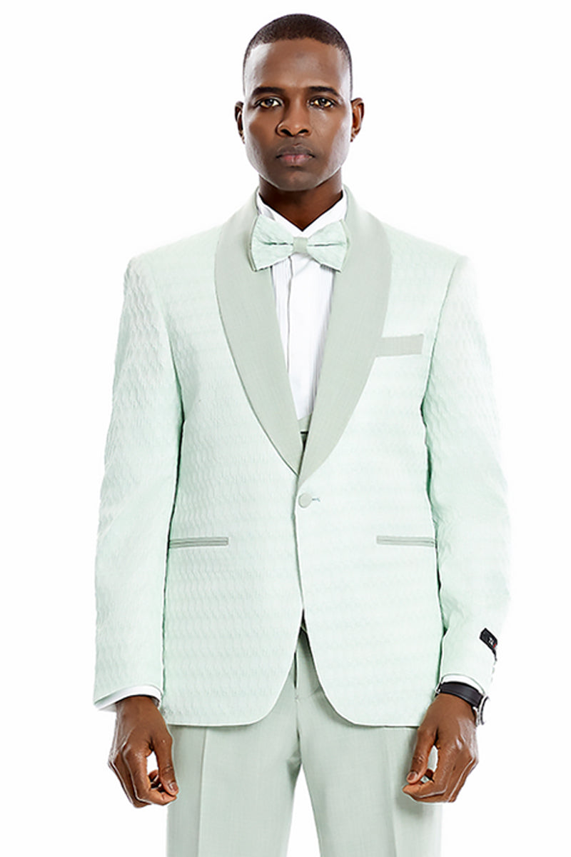 "Mint Green Men's Wedding Tuxedo - One Button Vested Honeycomb Lace Design"
