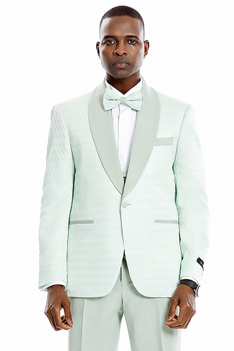 "Mint Green Men's Wedding Tuxedo - One Button Vested Honeycomb Lace Design" - 34 Short
