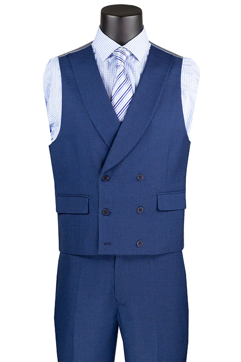 "Sharkskin Men's Suit with Double Breasted Vest - Summer Navy Blue" - 38 Regular