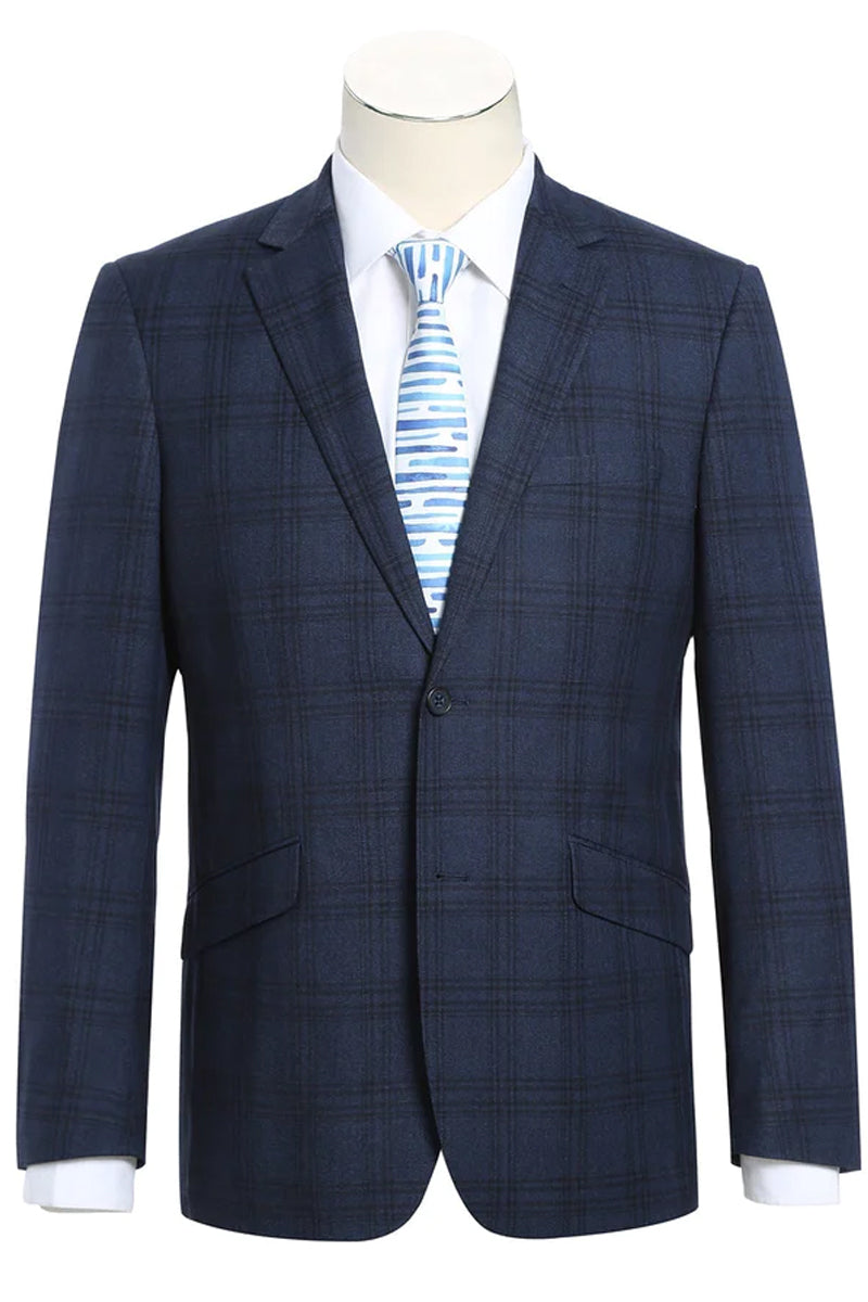 "Men's Slim Fit Two-Button Stretch Suit - Navy Blue Windowpane Plaid"