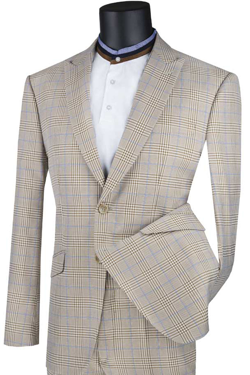 "Modern Fit Men's Plaid Suit with Peak Lapel, 2 Button - Tan, CLOSE OUT 42R" - 42 Regular