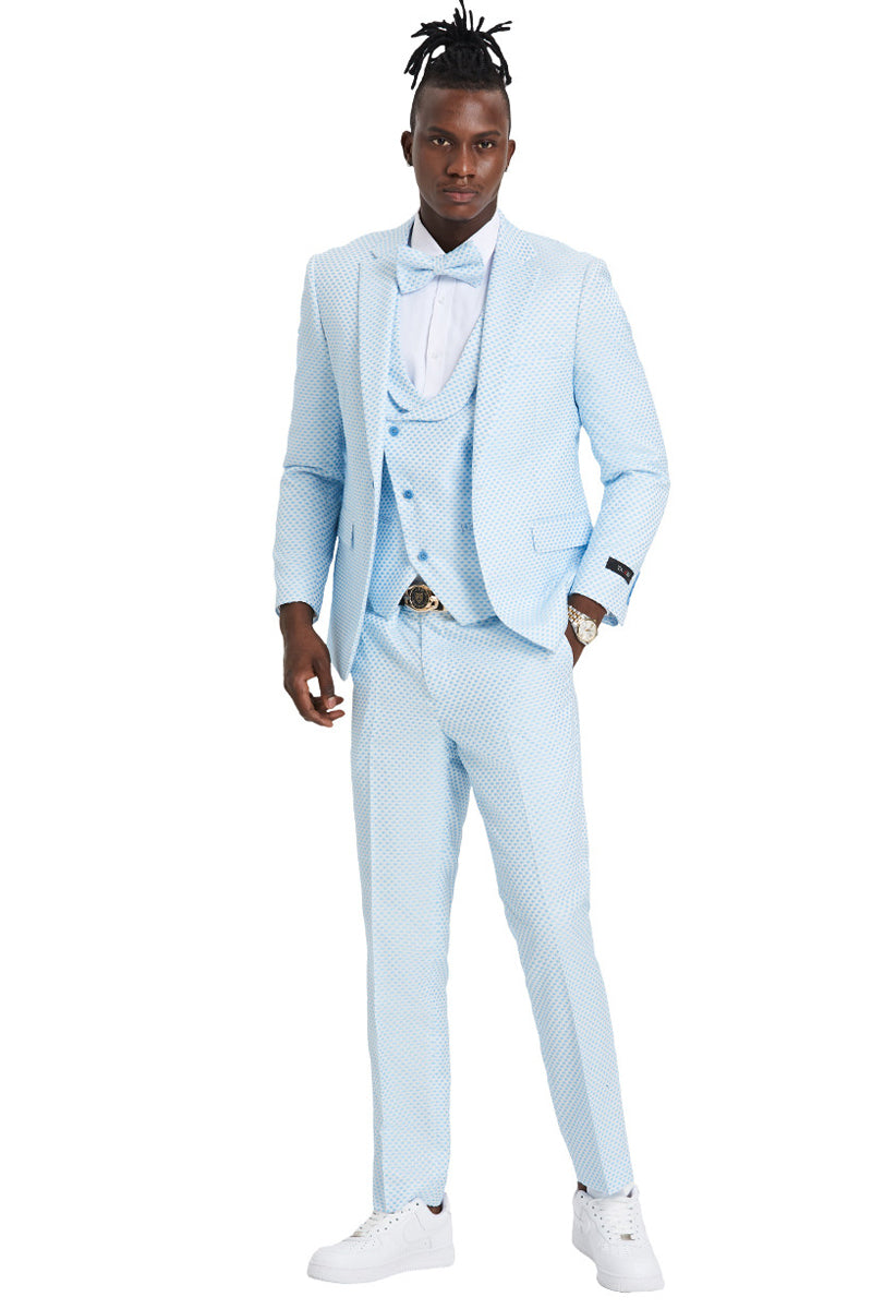 "Men's Sky Blue Polka Dot Prom 2025 & Wedding Suit - One Button Double Breasted Vest" - 34 Short