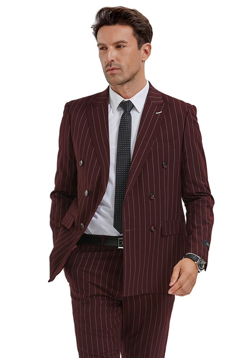 "Burgundy Men's Slim Fit Double Breasted Pinstripe Gangster Suit" - 34 Short