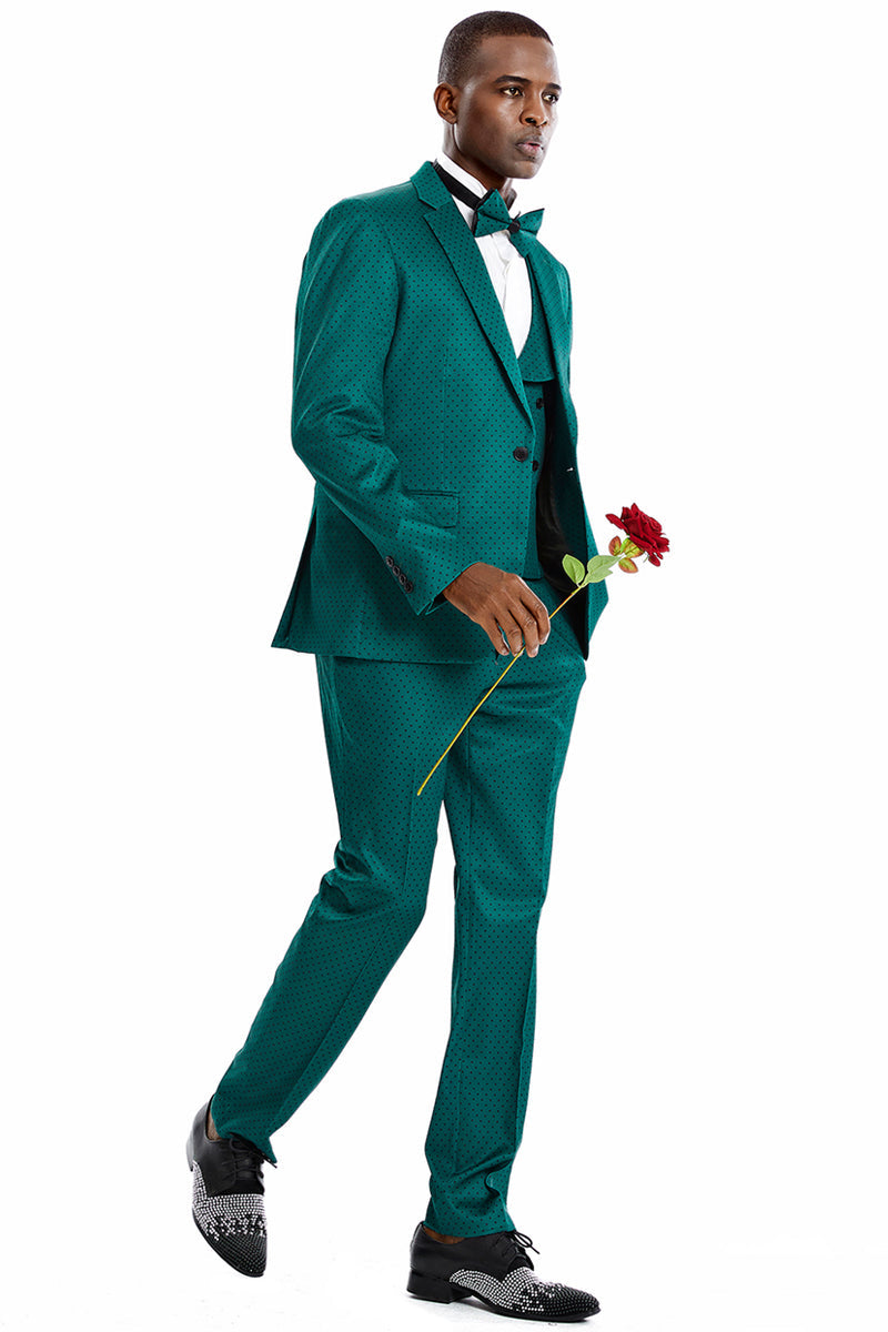 "Green & Black Men's Polka Dot Prom Suit - One Button Vested Style"