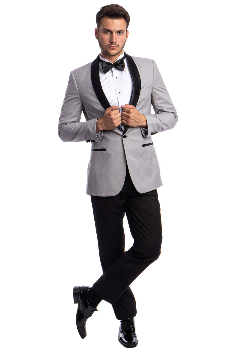 "Men's Skinny Fit Shawl Tuxedo - One Button Prom Suit in Light Grey"