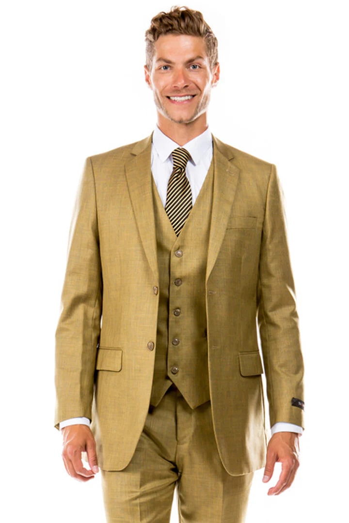 Cheap priced Suit - Men's Two Button Hybrid Fit Vested Sharkskin Wedding & Business Oatmeal Tan Suit