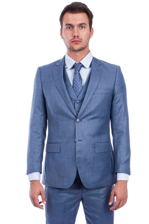 Cheap priced Suit - Men's Two Button Hybrid Fit Vested Sharkskin Wedding & Business Ocean Blue Suit
