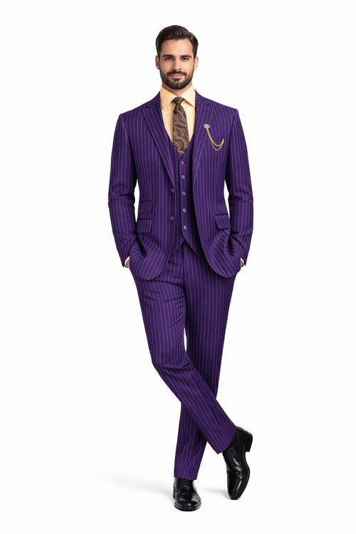 Odyssey Collection - Purple Regular Fit 3 Piece Suit 2 Button Gangster Stripe