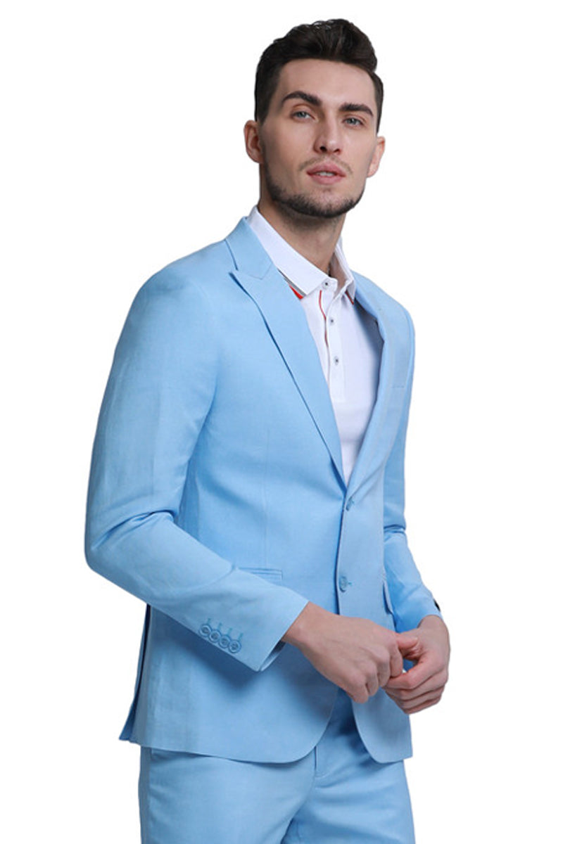 34 "Baby Blue Linen Beach Wedding Suit for Men - Two Button Peak Lapel Style" 34 "Baby Blue Linen Beach Wedding Suit for Men - Two Button Peak Lapel Style"