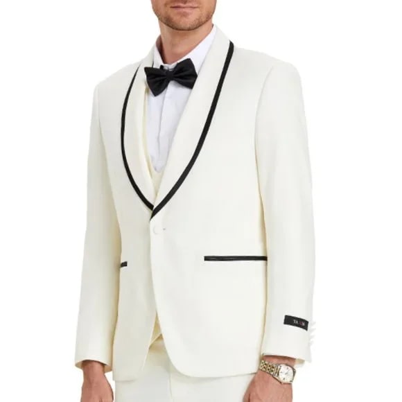 New Tazio Birdseye Textured Off-White Tuxedo | Shawl Collar Satin Trim 3-Piece - 38 Short Jacket+32 Waist Adjustable 28to34)(Height: 5 4 to5 7 )(Neck 15-16.5)S-M)