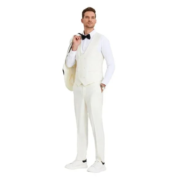 New Tazio Birdseye Textured Off-White Tuxedo | Shawl Collar Satin Trim 3-Piece - 38 Short Jacket+32 Waist Adjustable 28to34)(Height: 5 4 to5 7 )(Neck 15-16.5)S-M)