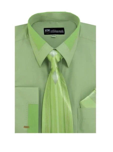 Olive Spread Collar French Cuff + Tie + Handkerchief Set Men's Dress Shirt - 15.5" Neck / 34-35" Sleeve