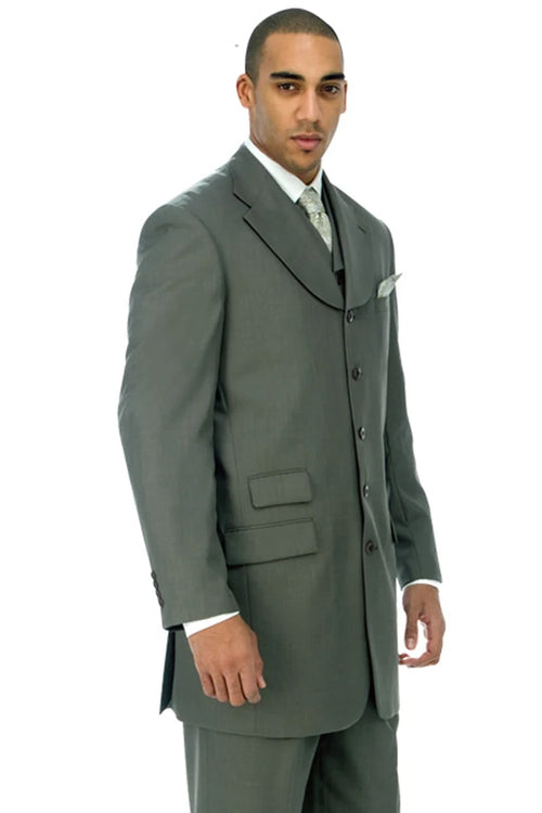 Mens Vested 5 Button Wide Notch Lapel Suit in Olive green