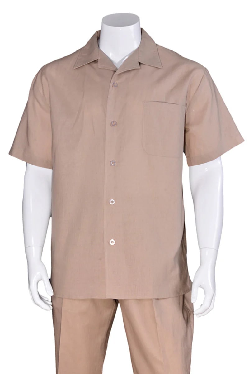 Mens Short Sleeve 100% Linen Casual Leisure Set Walking Suit in Khaki - S
