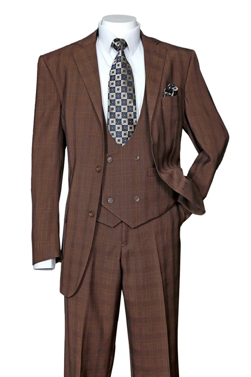 Mens 2 Button Plaid Double Breasted Fancy Scoop Vest Suit in Brown - 38 Short Jacket+32 Waist Adjustable 28to34)(Height: 5 4 to5 7 )(Neck 15-16.5)S-M)