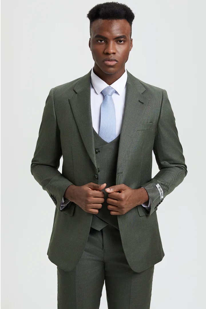 Cheap Priced Suit  - Men's Two Button Vested Stacy Adams Designer Sharkskin Olive  Suit green - 38 Short Jacket+32 Waist Adjustable 28to34)(Height: 5 4 to5 7 )(Neck  15-16.5)S-M)
