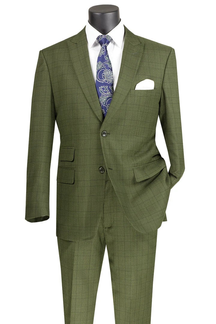 Cheap priced Suit - Mens 2 Button Modern Fit Peak Lapel Plaid Olive Suit green