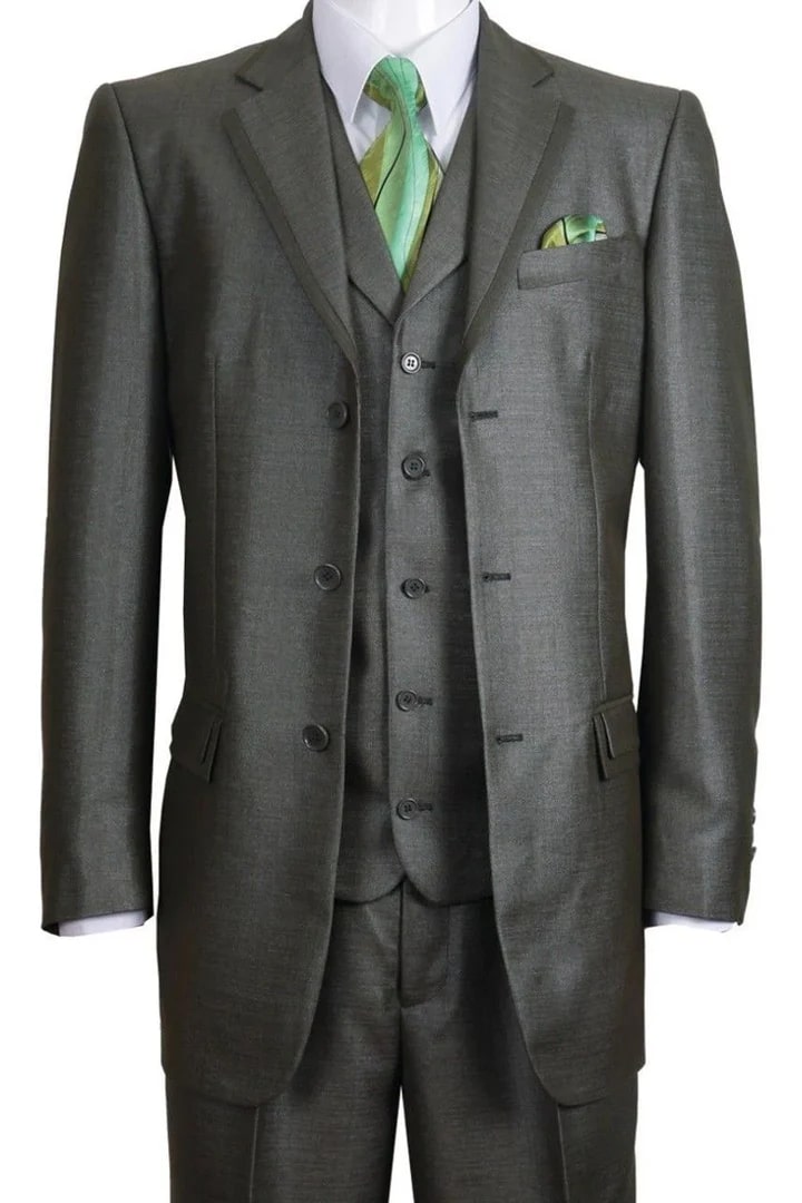 Cheap priced Suit- Mens 3 Button Vested Textured Shiny Sharkskin Church Olive Suit - 38 Short Jacket+32 Waist Adjustable 28to34)(Height: 5 4 to5 7 )(Neck 15-16.5)S-M)
