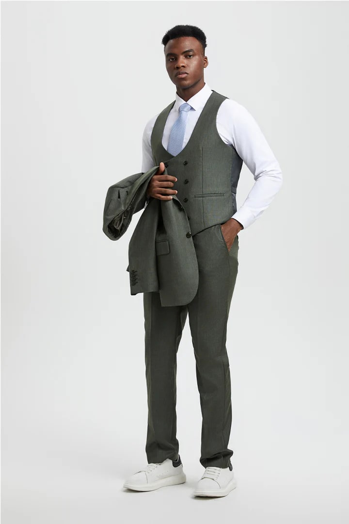 Cheap Priced Suit  - Men's Two Button Vested Stacy Adams Designer Sharkskin Olive  Suit green - 38 Short Jacket+32 Waist Adjustable 28to34)(Height: 5 4 to5 7 )(Neck  15-16.5)S-M)