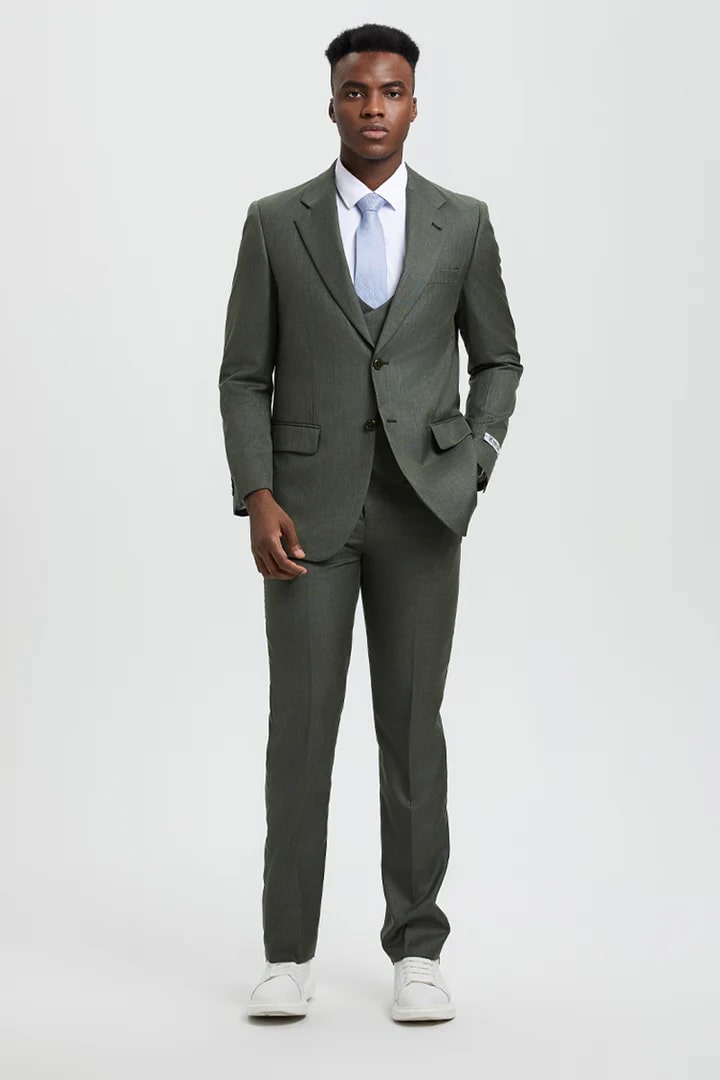 Cheap Priced Suit  - Men's Two Button Vested Stacy Adams Designer Sharkskin Olive  Suit green - 38 Short Jacket+32 Waist Adjustable 28to34)(Height: 5 4 to5 7 )(Neck  15-16.5)S-M)