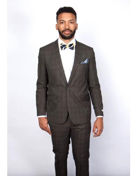 Men's Brown Plaid Slim Fit Suit by Rossiman Rossi Peak Lapel Jacket & Tapered Pants