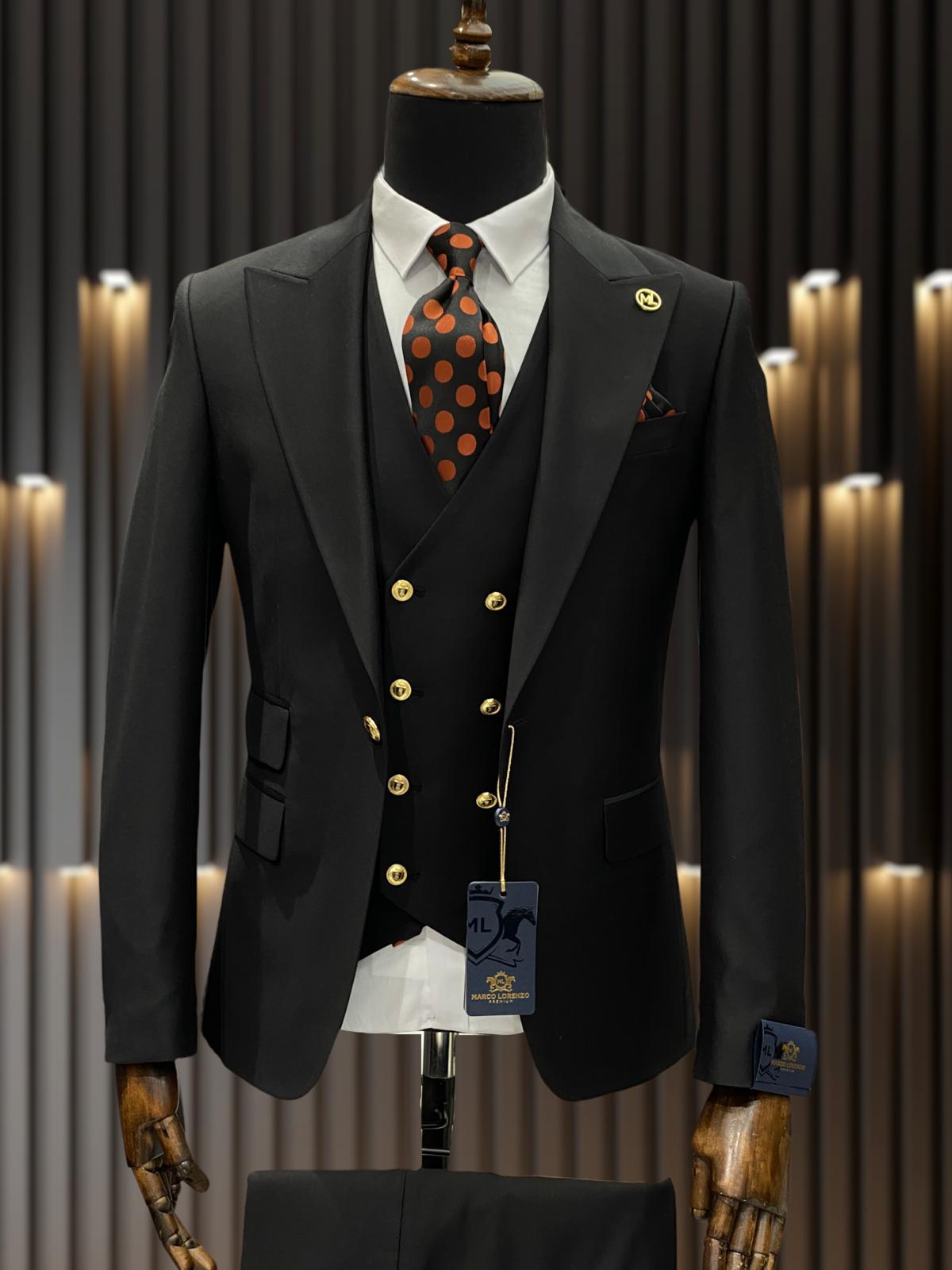 Mens One Button Peak Lapel Double Breasted Vest Wool Suit in Black - 38 Short Jacket+32 Waist Adjustable 28to34)(Height: 5 4 to5 7 )(Neck 15-16.5)S-M)