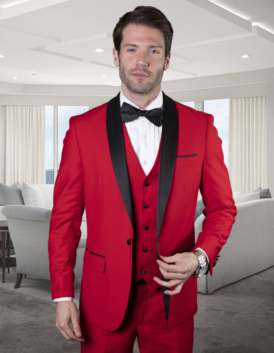 Mens Wool One Button Modern Fit Vested Shawl Prom Tuxedo in Red Red Tuxedos for Prom - 36 Regular