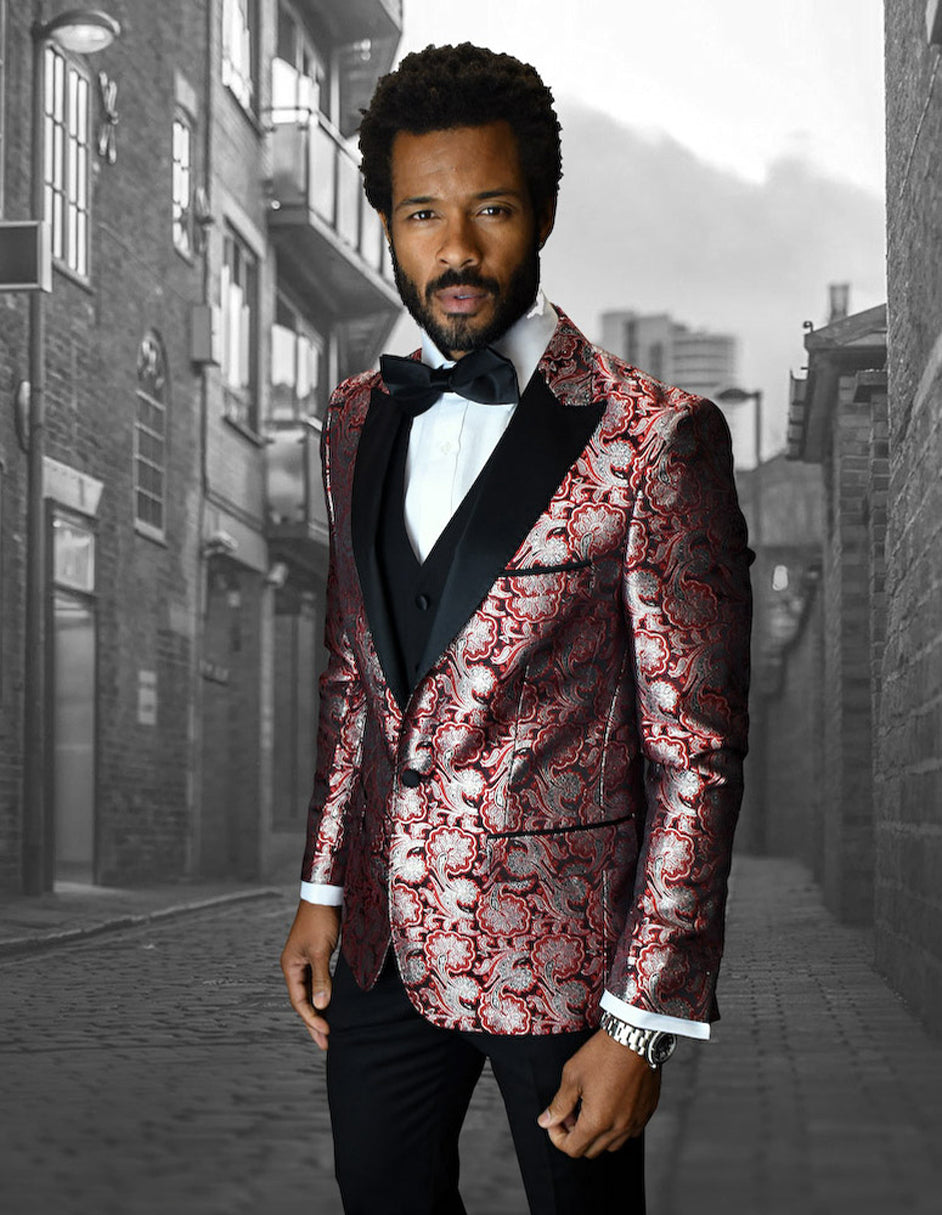 Mens Vested One Button Peak Lapel Shiny Floral Tuxedo in Red - 38 Short
