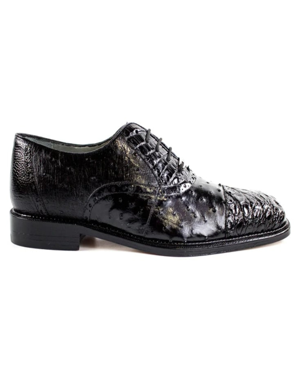 Men's Belvedere Onesto Ostrich Quill & Crocodile Cap Toe Black Dress Shoe - US 8.5 Standard/D/ Medium / Eu:41-42