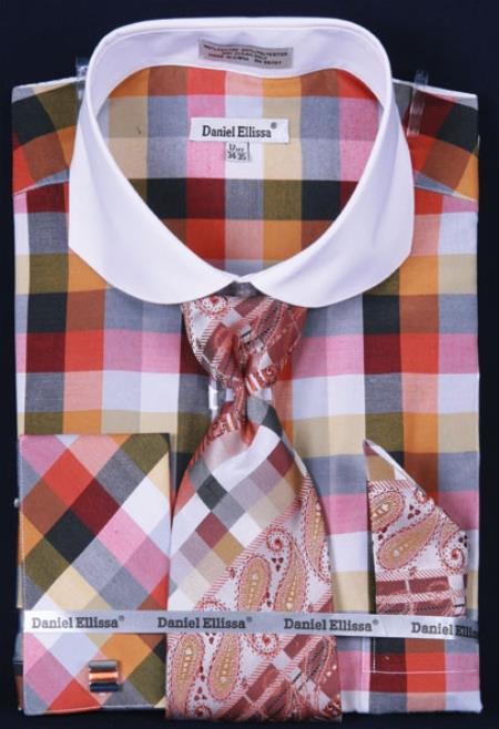 French Cuff Set White Collar Two Toned Contrast Checker Pattern Orange Plaid ~ Windowpane Men's Dress Shirt - Large 16.5" Neck / 34-35" Sleeve