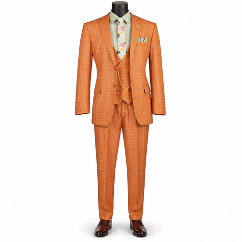 Men’s Classic Fit Glen Plaid 3 Piece Suit with Adjustable Waistband - Rust
