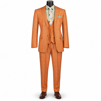 Men’s Classic Fit Glen Plaid 3 Piece Suit with Adjustable Waistband - Rust