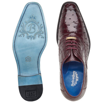Men's Belvedere Orlando Ostrich Quill Plain Toe Dress Shoe in Burgundy - 8-M