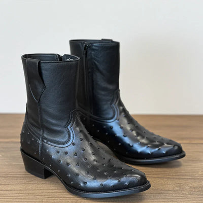 Mens White Diamond Boot Black Ostrich Print Boots Low Ankle J-Toe