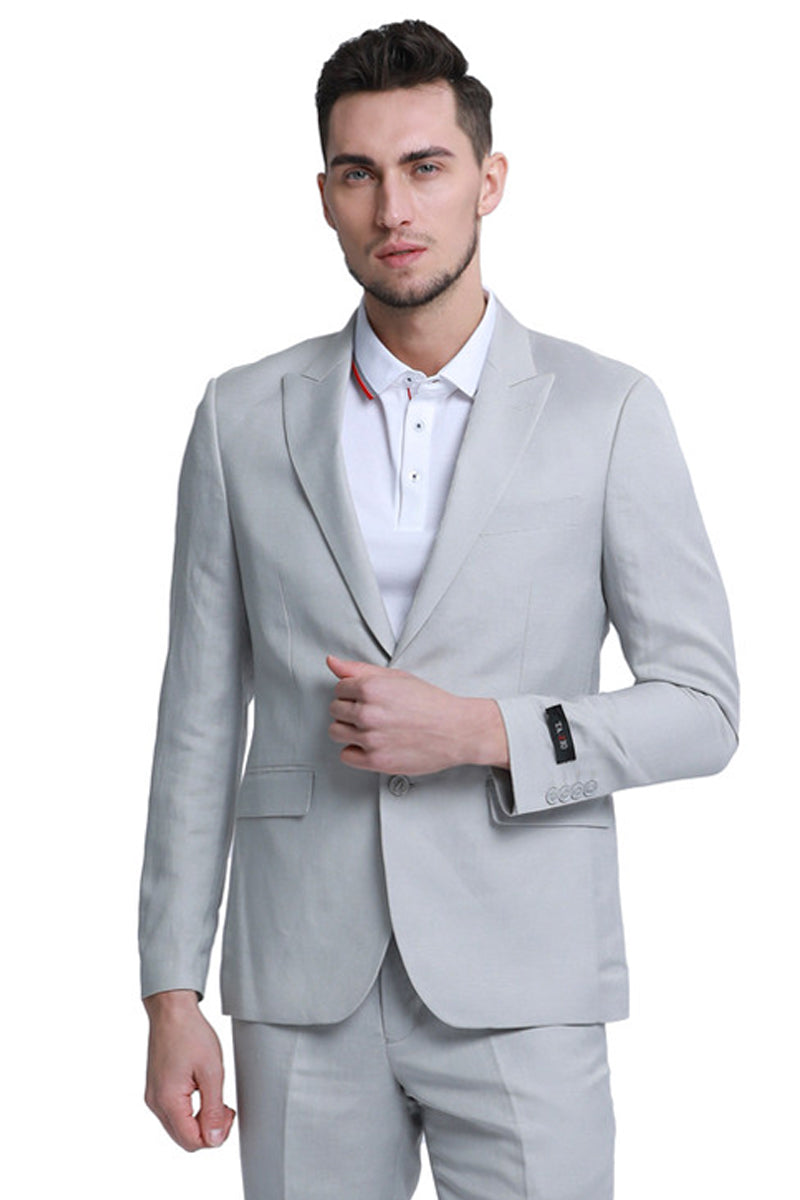 "Men's Summer Linen Beach Wedding Suit - Light Grey, Two Button Peak Lapel"