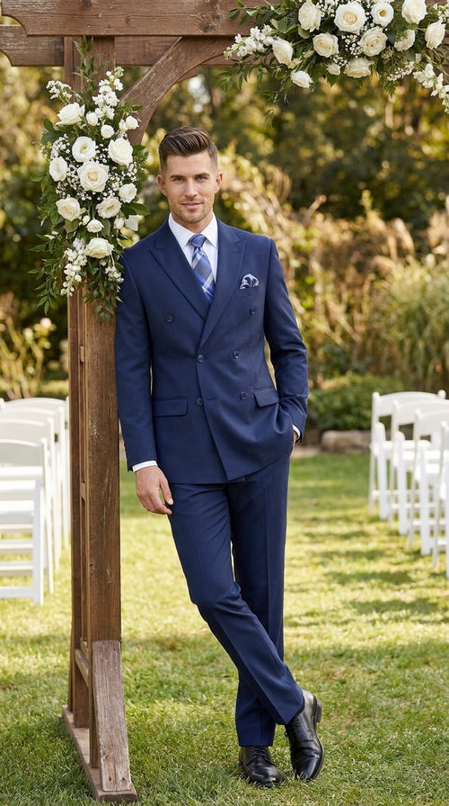 Men’s Classic Navy Double Breasted Suit, Affordable Formal Wedding Business Dress Suit