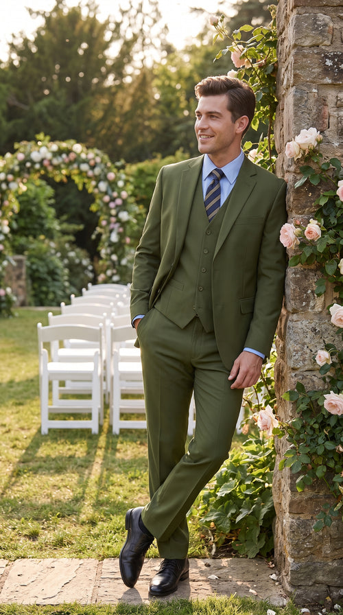 Men’s Olive Classic Fit 3 Piece Suit, Flat Front Vested Formal Wedding Business Suit