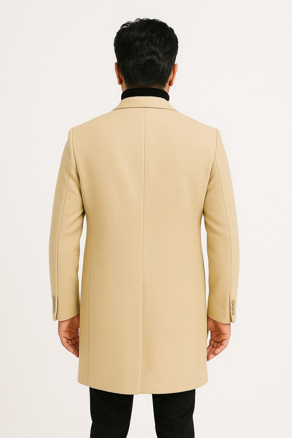 Mens Beige Wool Overcoat with Classic Notch Lapel and Single-Breasted Closure - Light Tan Sand Color - 34 Short or Extra Small