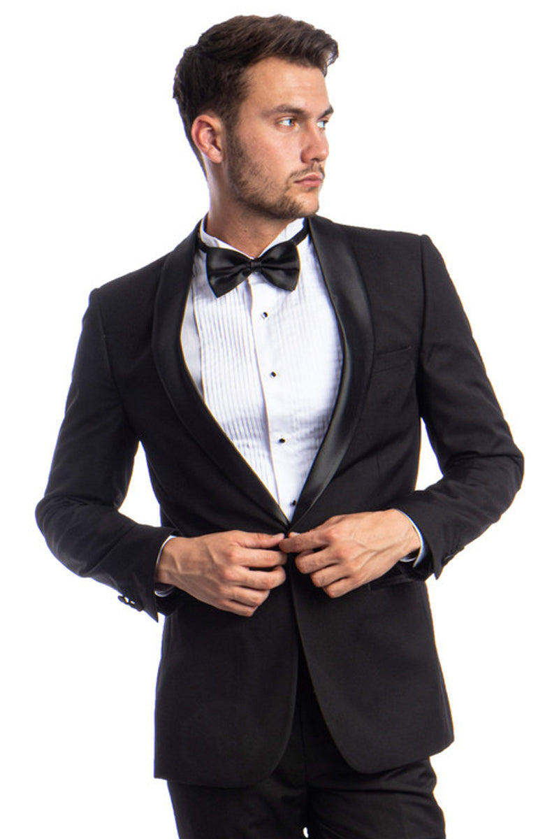 "Black Skinny Fit Men's Prom Tuxedo with One Button Shawl"