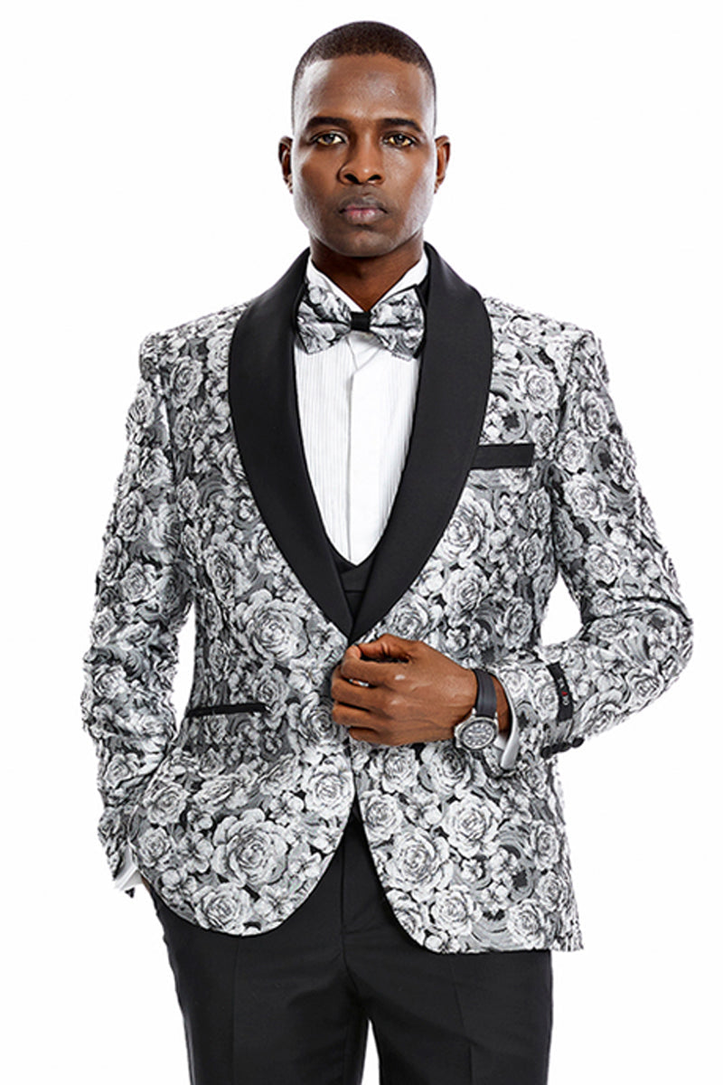 "Silver Men's Slim Fit Paisley Floral Prom 2025 Tuxedo - One Button Vested" - 34 Short