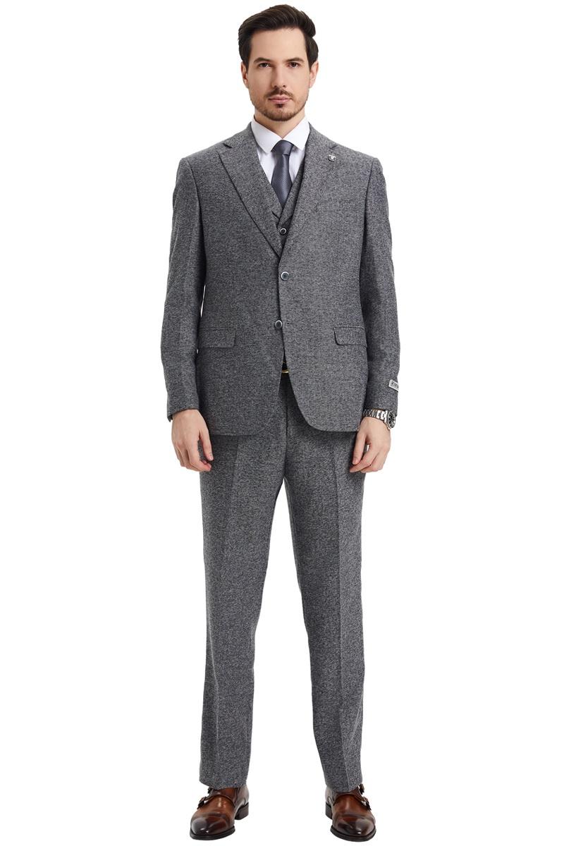 Men's Stacy Adams Vested Vintage Herringbone Tweed Suit in Grey - 38 Regular