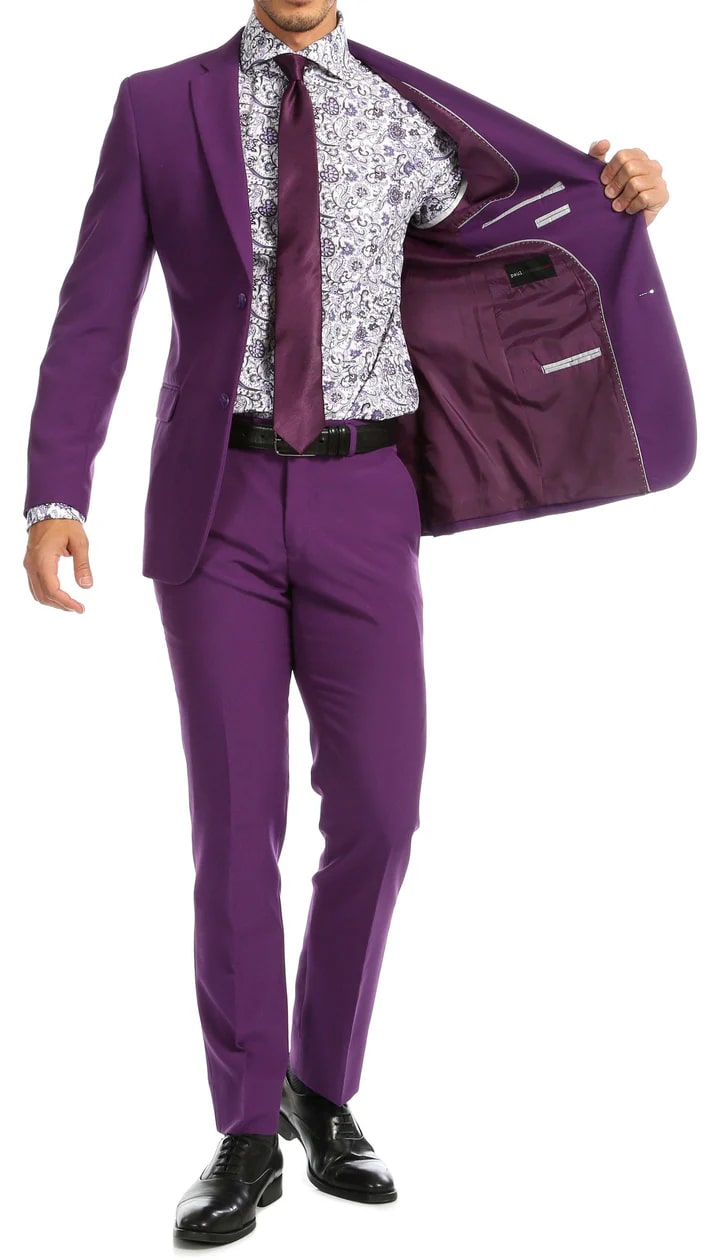 Paul Lorenzo Mens Purple Slim Fit 2 Piece Suit - 38 Short Jacket+32 Waist Adjustable 28to34)(Height: 5 4 to5 7 )(Neck 15-16.5)S-M)