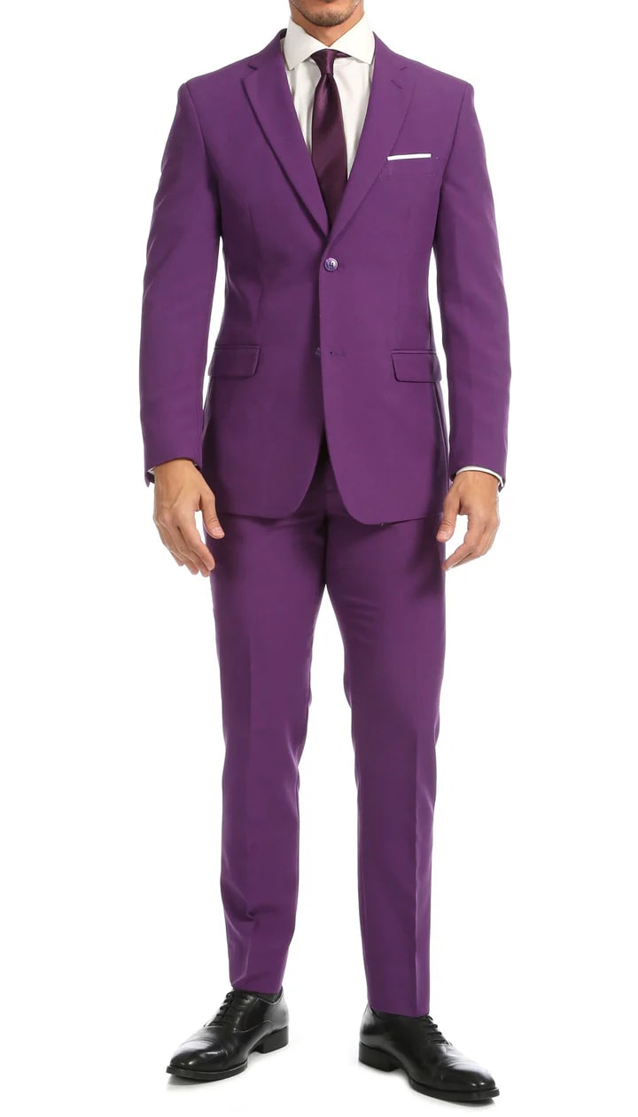 Paul Lorenzo Mens Purple Slim Fit 2 Piece Suit - 38 Short Jacket+32 Waist Adjustable 28to34)(Height: 5 4 to5 7 )(Neck 15-16.5)S-M)