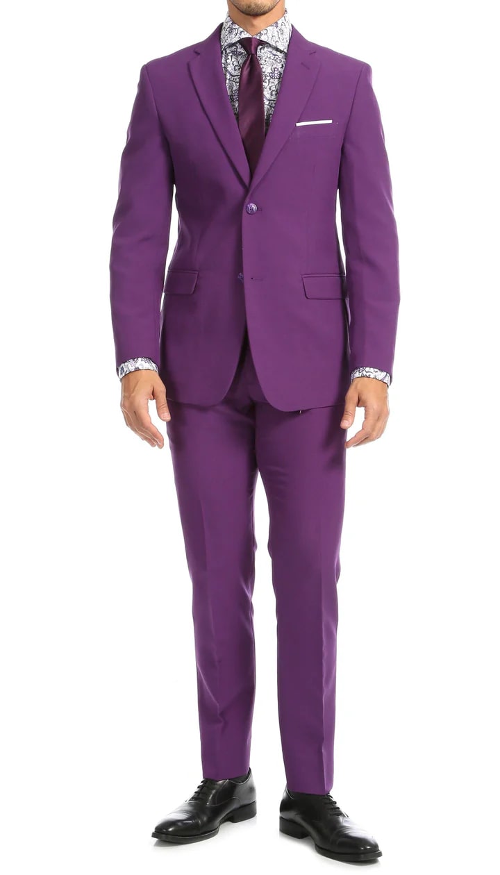 Paul Lorenzo Mens Purple Slim Fit 2 Piece Suit - 38 Short Jacket+32 Waist Adjustable 28to34)(Height: 5 4 to5 7 )(Neck 15-16.5)S-M)