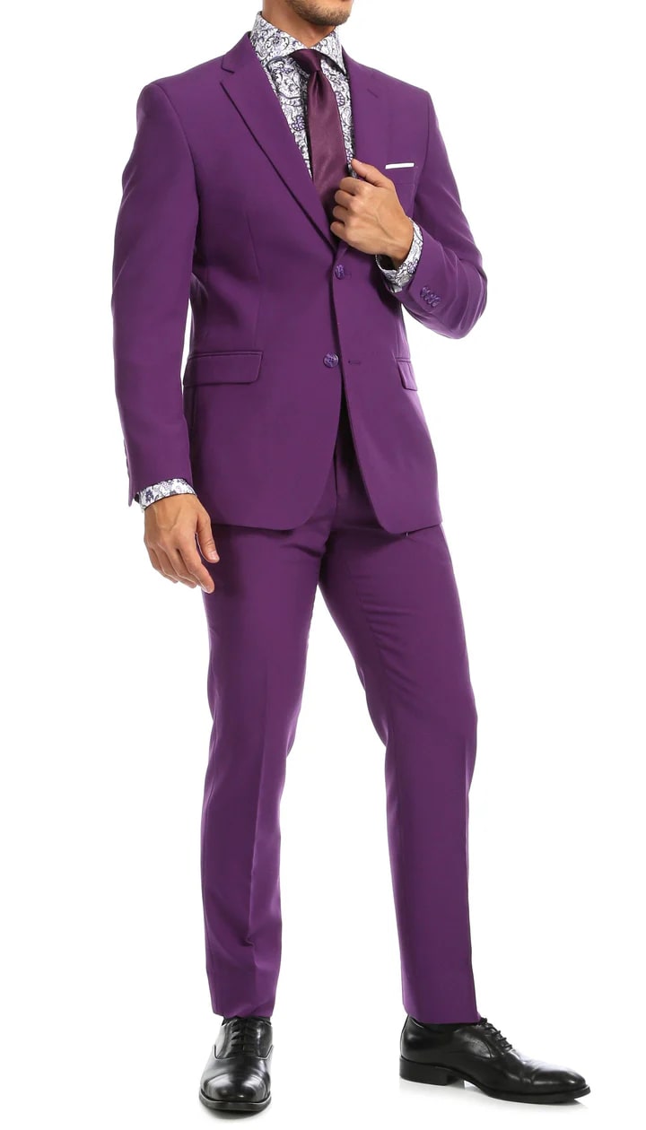 Paul Lorenzo Mens Purple Slim Fit 2 Piece Suit - 38 Short Jacket+32 Waist Adjustable 28to34)(Height: 5 4 to5 7 )(Neck 15-16.5)S-M)