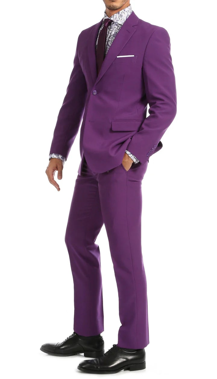 Paul Lorenzo Mens Purple Slim Fit 2 Piece Suit - 38 Short Jacket+32 Waist Adjustable 28to34)(Height: 5 4 to5 7 )(Neck 15-16.5)S-M)